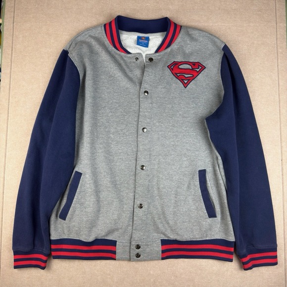 superman Other - Superman‎ Varsity Jacket Men XL/2XL Gray Blue Snap Button Fleece DC Comics Hero